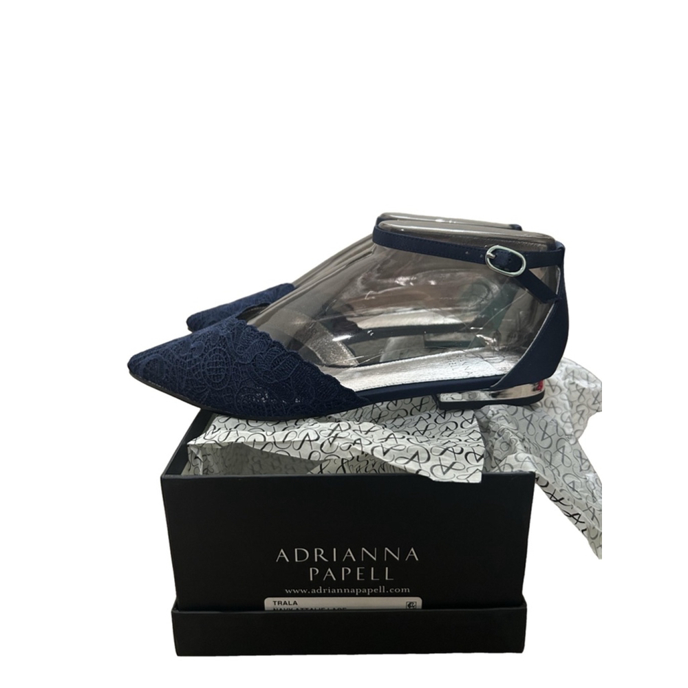 NWB Women's Adrianna Papell Trala Ankle Strap Attalie Lace Flats Navy Size 7M